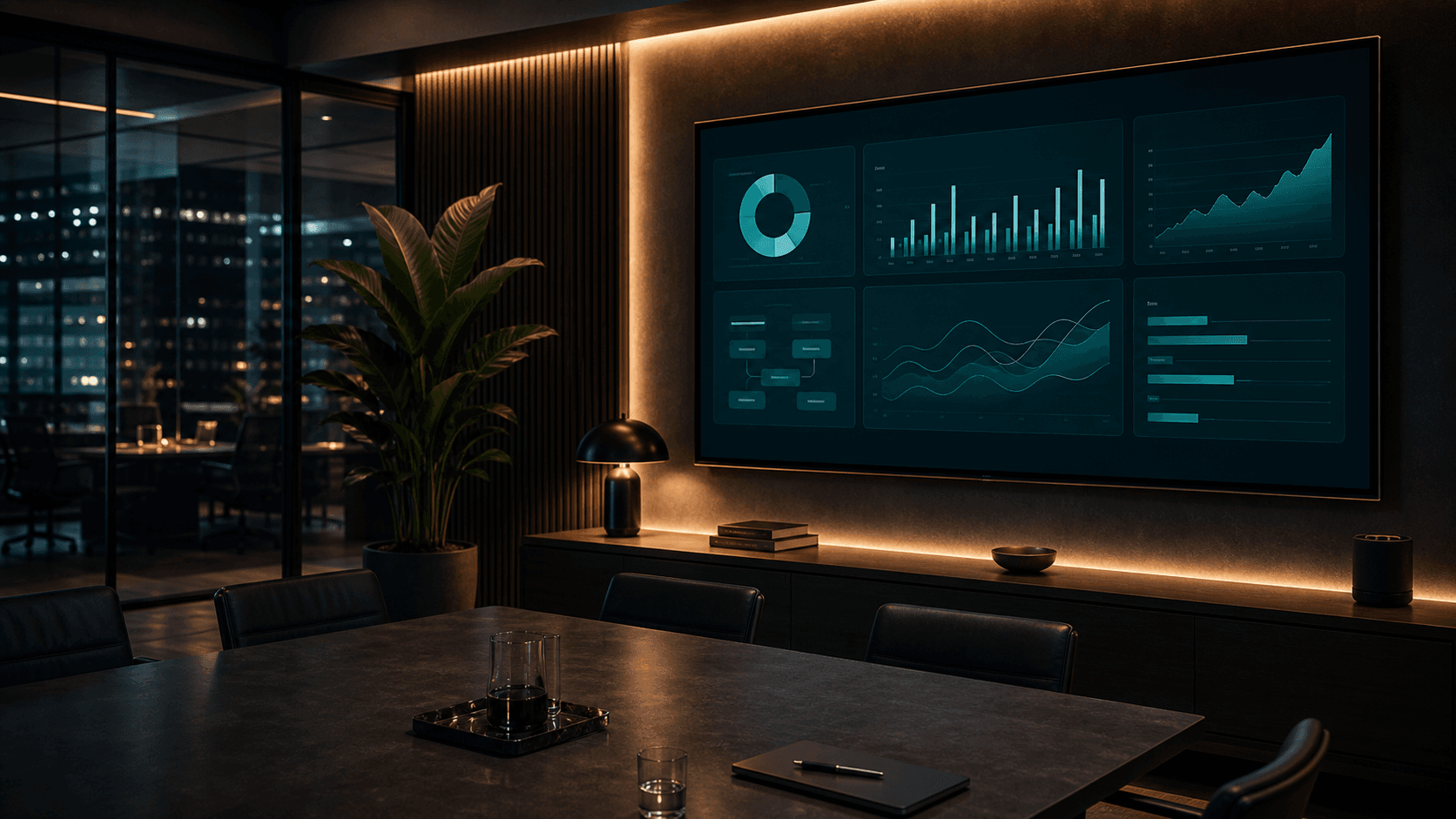 A product operations studio with a large dashboard display